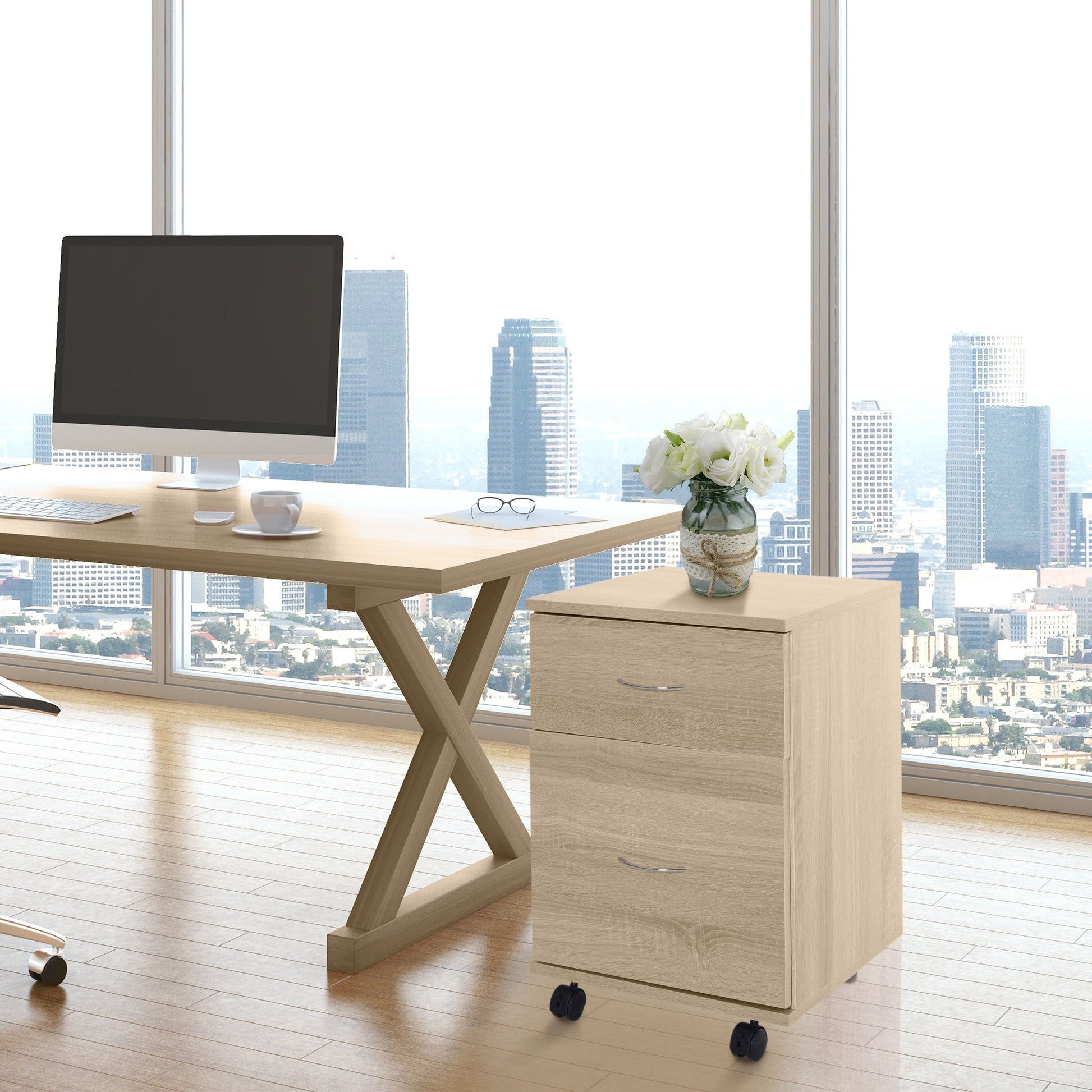 HOMCOM 2 Drawer Filing Cabinet with Wheels, Mobile Filing Cabinet for Home Office, Small Printer Stand, Oak