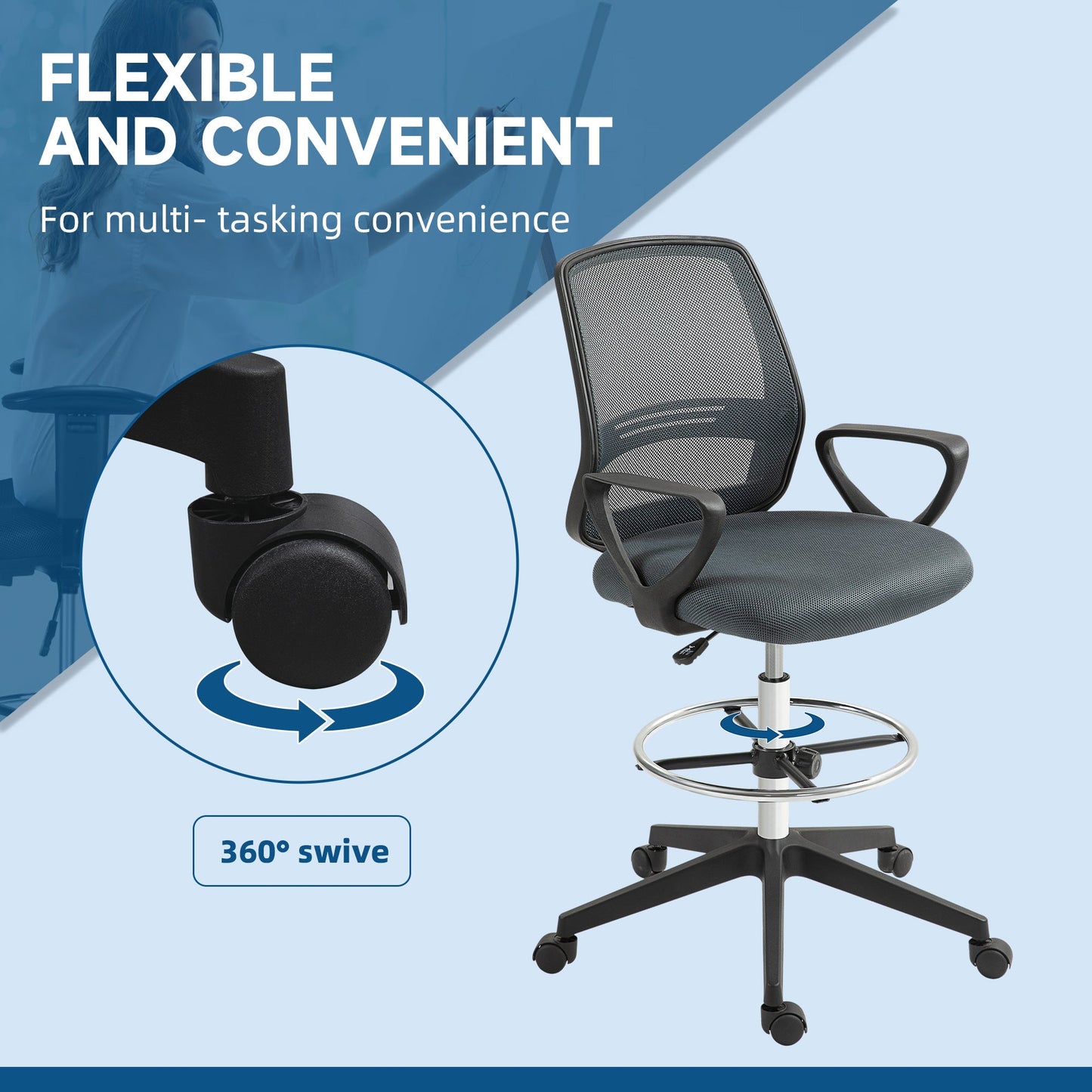 Vinsetto Ergonomic Mesh Back Drafting Chair, Tall Office Chair, Draughtsman Chair with Adjustable Height and Footrest 360° Swivel, Grey