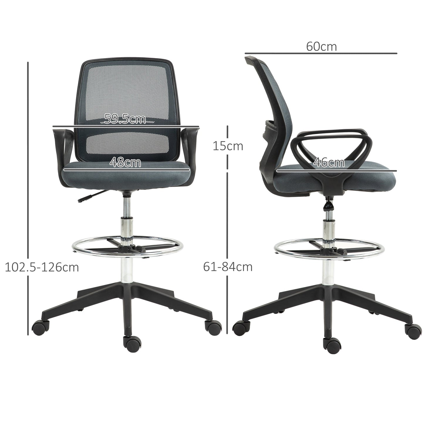 Vinsetto Ergonomic Mesh Back Drafting Chair, Tall Office Chair, Draughtsman Chair with Adjustable Height and Footrest 360° Swivel, Grey