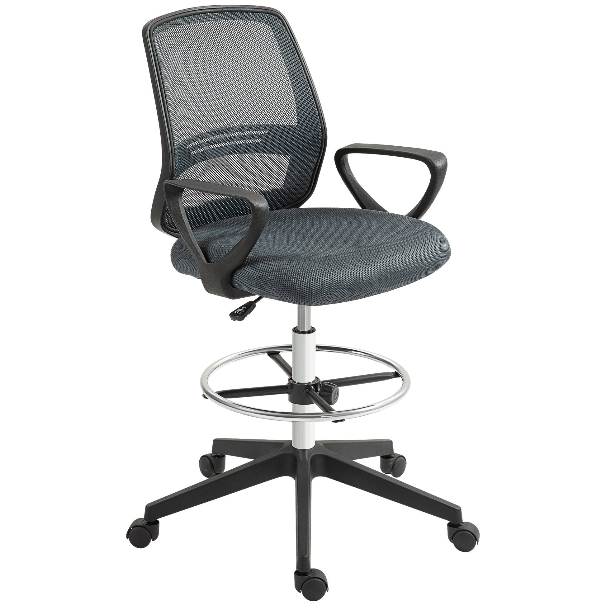 Vinsetto Ergonomic Mesh Back Drafting Chair, Tall Office Chair, Draughtsman Chair with Adjustable Height and Footrest 360° Swivel, Grey