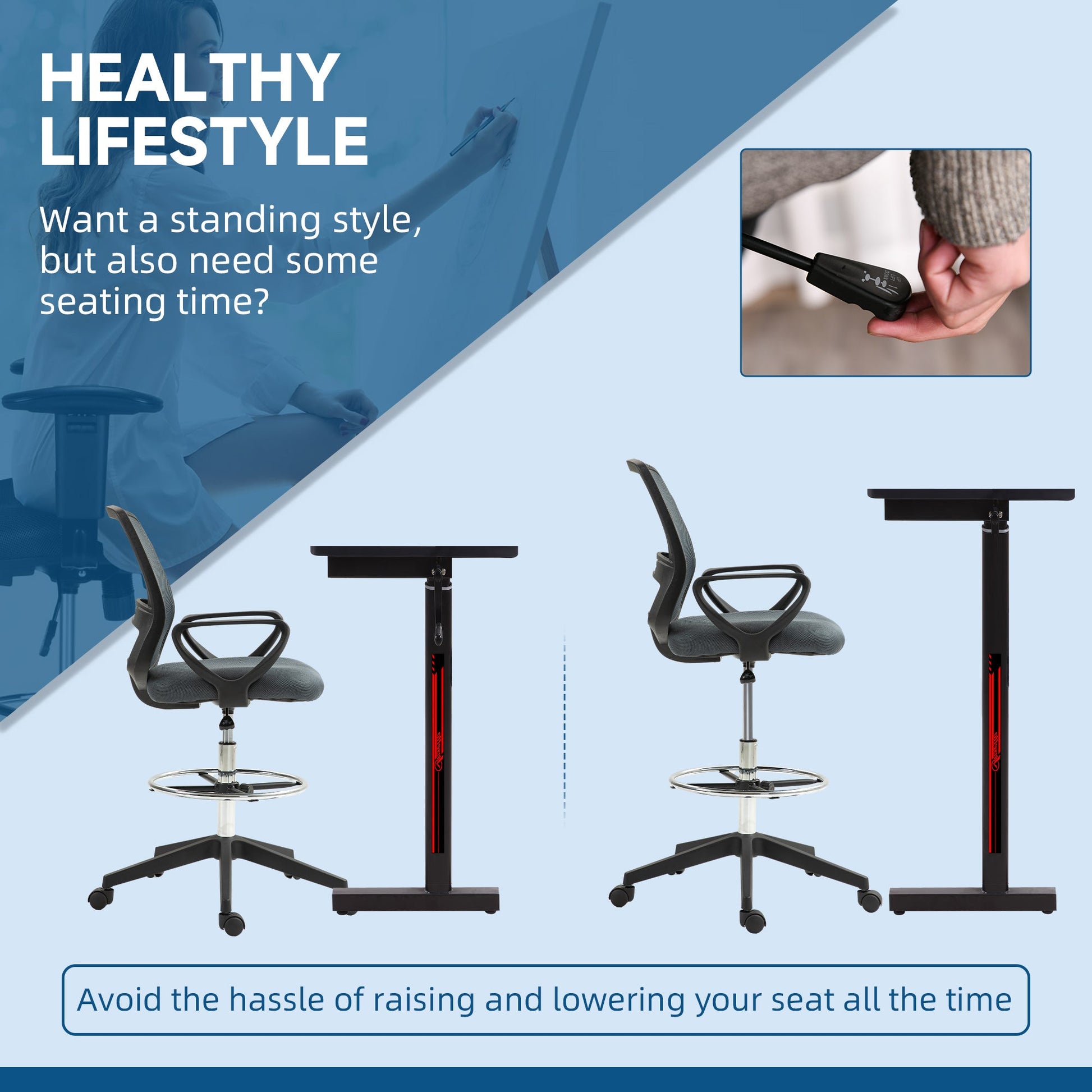 Vinsetto Ergonomic Mesh Back Drafting Chair, Tall Office Chair, Draughtsman Chair with Adjustable Height and Footrest 360° Swivel, Grey