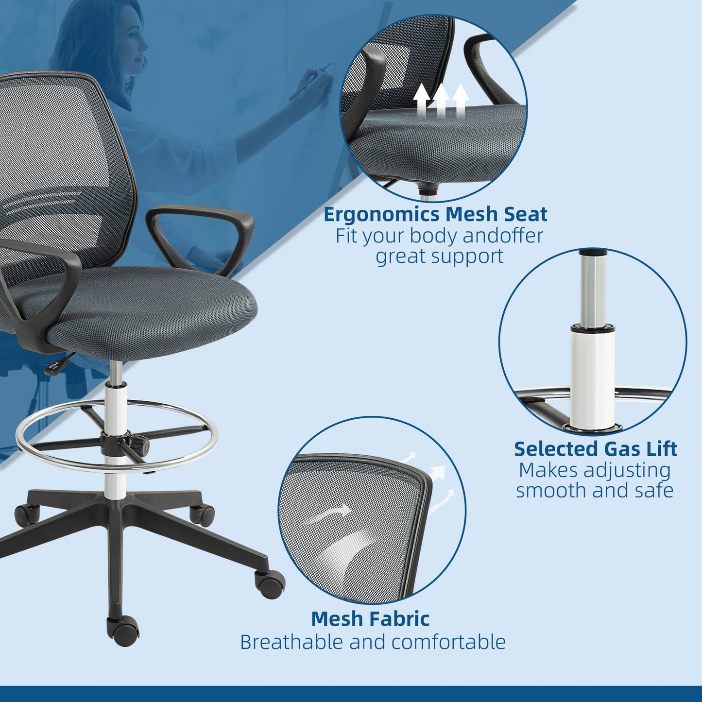 Vinsetto Ergonomic Mesh Back Drafting Chair, Tall Office Chair, Draughtsman Chair with Adjustable Height and Footrest 360° Swivel, Grey