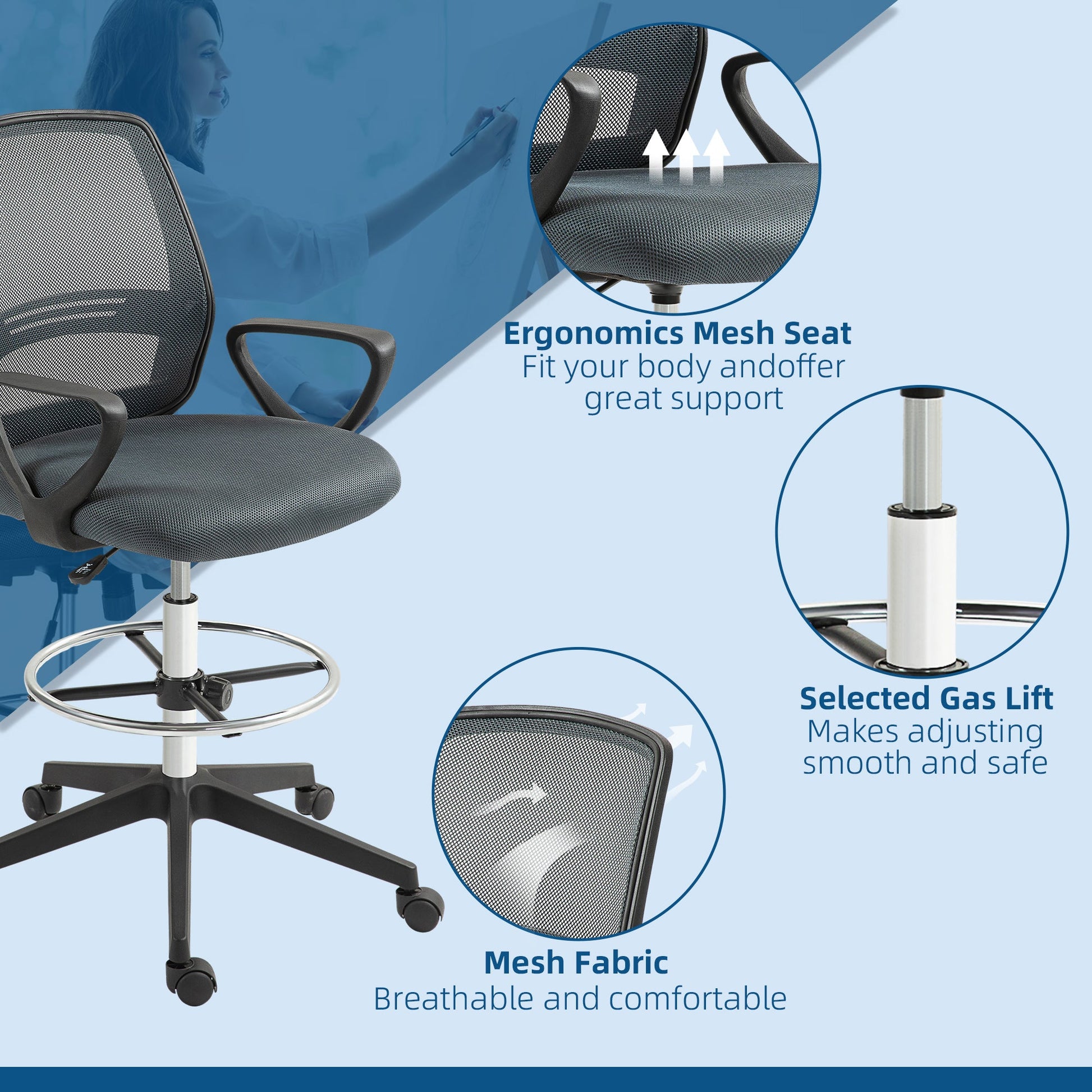 Vinsetto Ergonomic Mesh Back Drafting Chair, Tall Office Chair, Draughtsman Chair with Adjustable Height and Footrest 360° Swivel, Grey