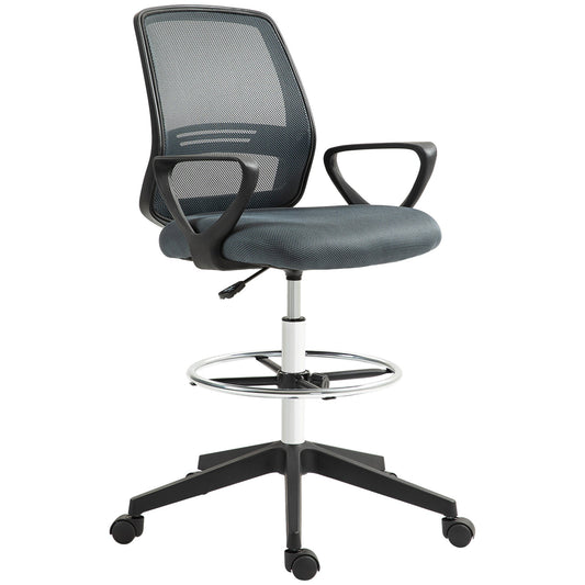 Vinsetto Ergonomic Mesh Back Drafting Chair, Tall Office Chair, Draughtsman Chair with Adjustable Height and Footrest 360° Swivel, Grey