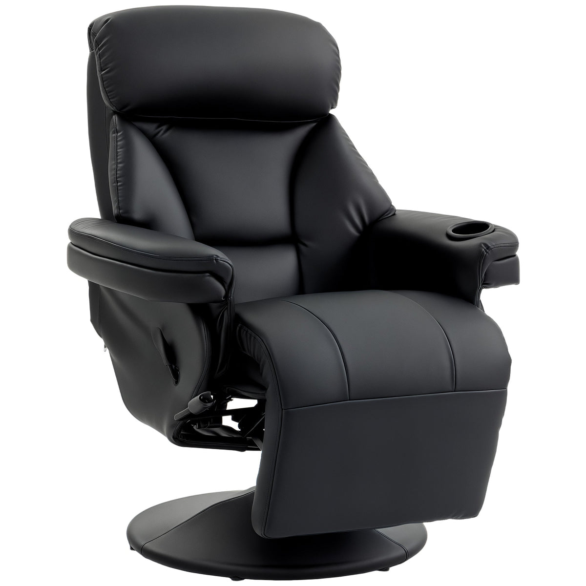 Manual Recliner Chair with Footrest, Upholstered Reclining Armchair with Adjustable Backrest and Cup Holder, PU Leather Swivel Chair for Living Room, Bedroom, Black