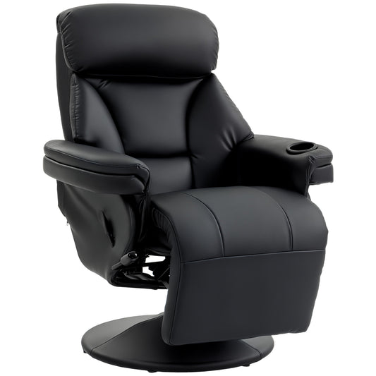 Manual Recliner Chair with Footrest, Upholstered Reclining Armchair with Adjustable Backrest and Cup Holder, PU Leather Swivel Chair for Living Room, Bedroom, Black