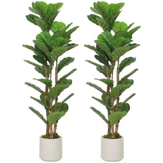 120cm Artificial Fiddle Leaf Fig Trees Set of Two with Solid Wood Trunks, Decorative Artificial Plants with 45 Leaves in Pot for Indoor Living Room Office Home Decor, Green
