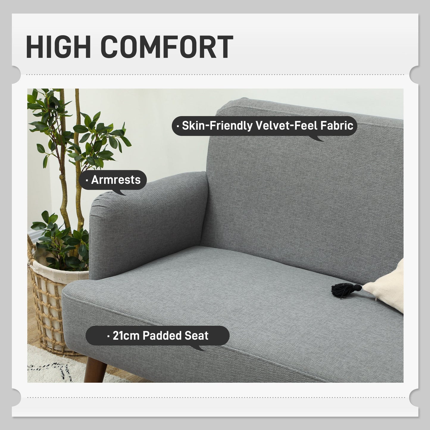 HOMCOM 2 Seater Sofa, Small Sofa Couch with 21cm Thick Padding and Wood Legs, Modern Velvet Feel Fabric Loveseat for Living Room, Bedroom, Home Office, Grey