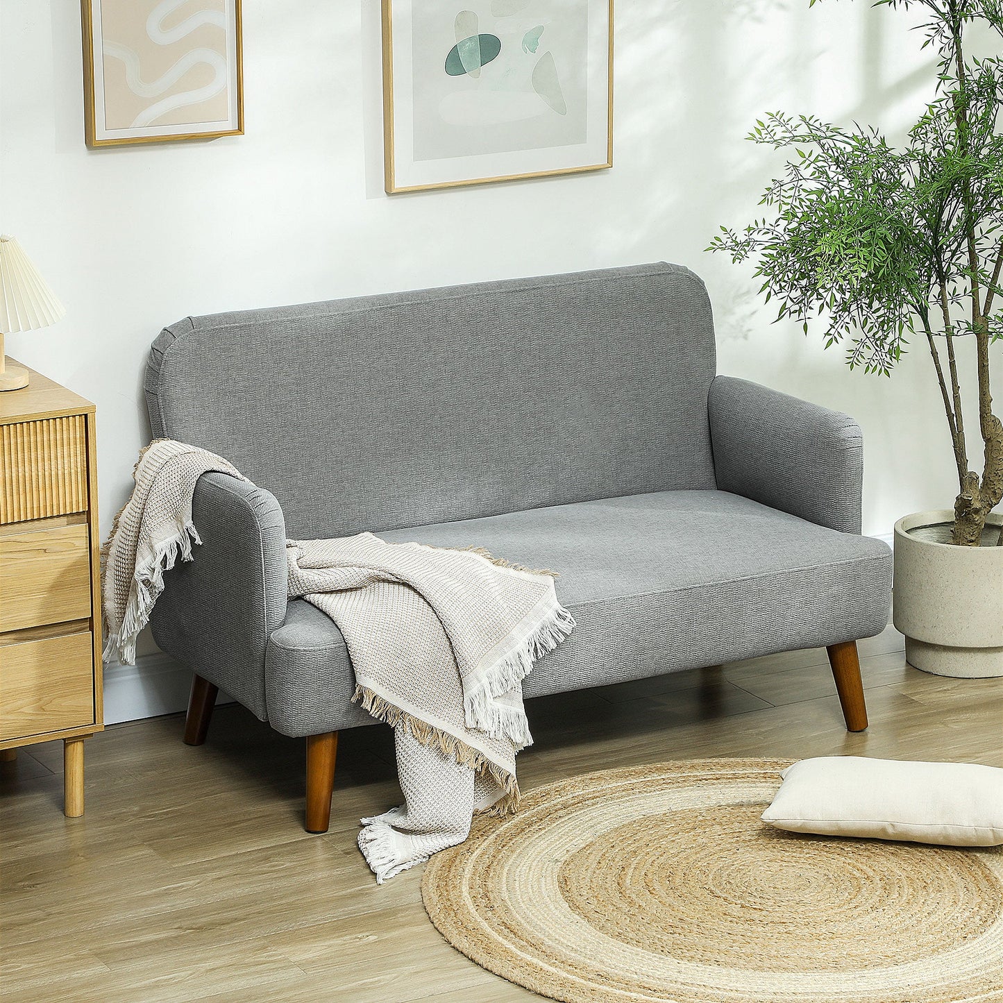 HOMCOM 2 Seater Sofa, Small Sofa Couch with 21cm Thick Padding and Wood Legs, Modern Velvet Feel Fabric Loveseat for Living Room, Bedroom, Home Office, Grey