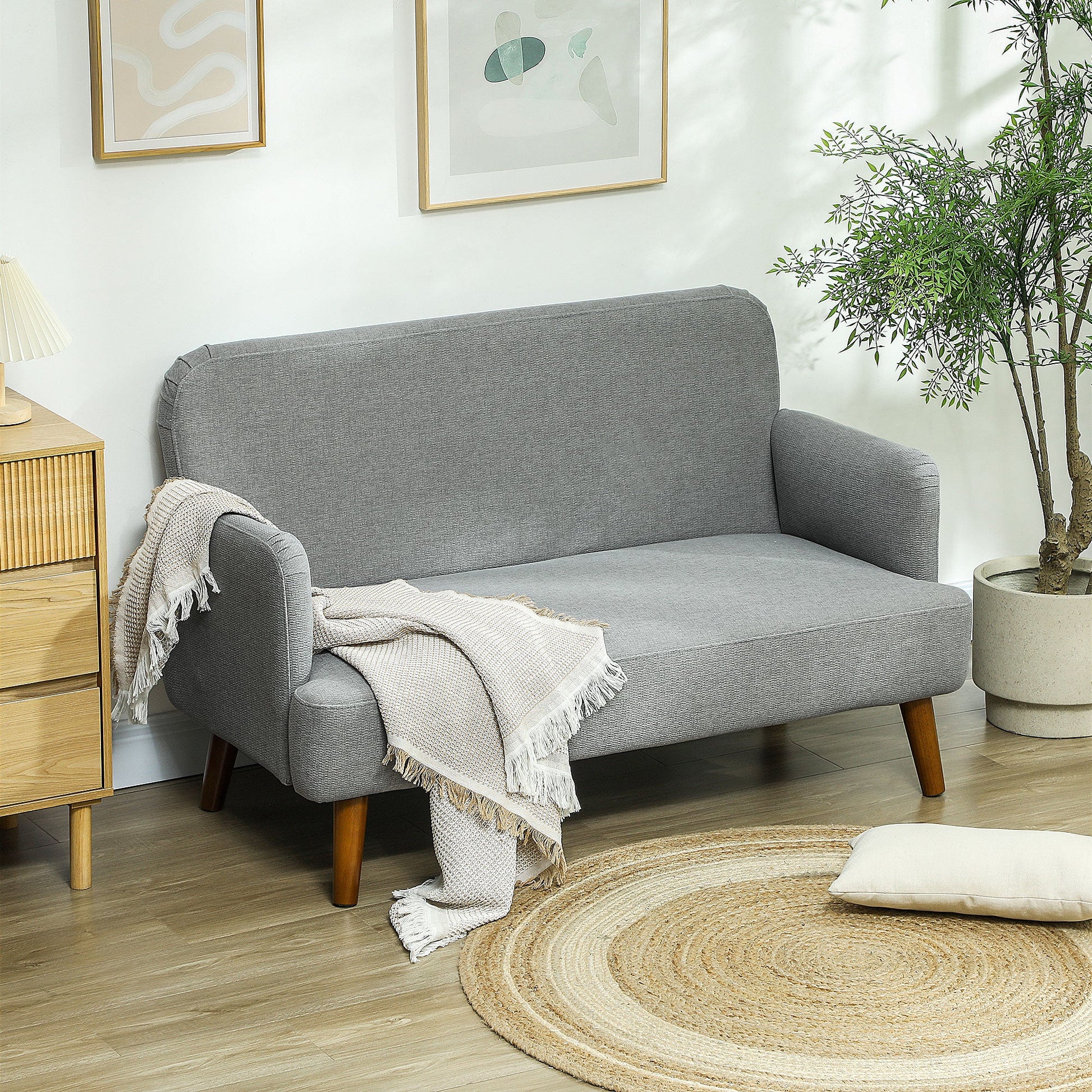 HOMCOM 2 Seater Sofa, Small Sofa Couch with 21cm Thick Padding and Wood Legs, Modern Velvet Feel Fabric Loveseat for Living Room, Bedroom, Home Office, Grey