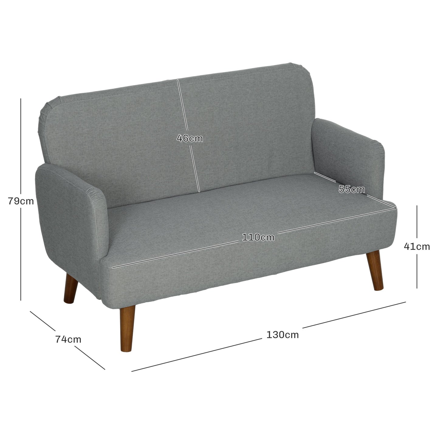 HOMCOM 2 Seater Sofa, Small Sofa Couch with 21cm Thick Padding and Wood Legs, Modern Velvet Feel Fabric Loveseat for Living Room, Bedroom, Home Office, Grey