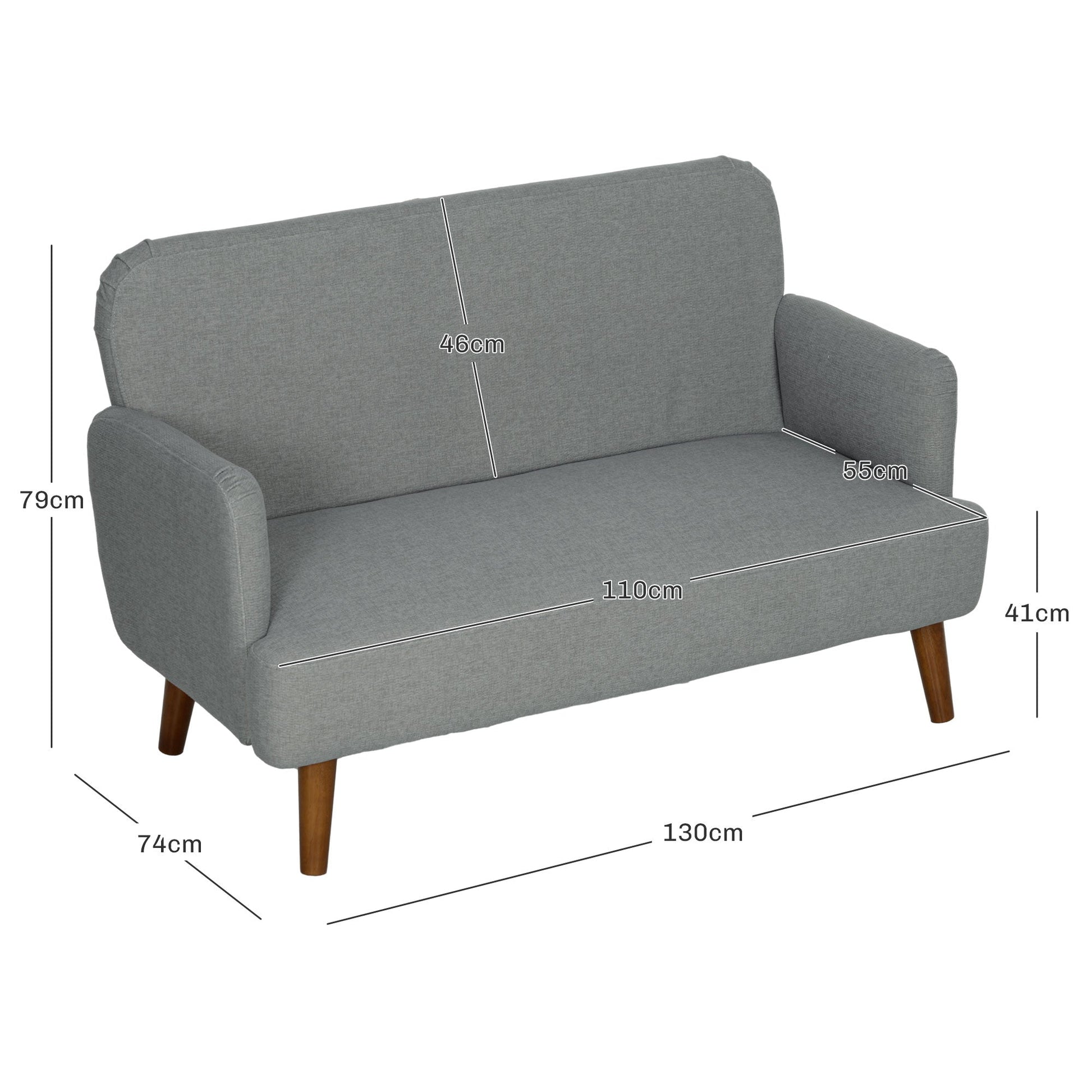 HOMCOM 2 Seater Sofa, Small Sofa Couch with 21cm Thick Padding and Wood Legs, Modern Velvet Feel Fabric Loveseat for Living Room, Bedroom, Home Office, Grey