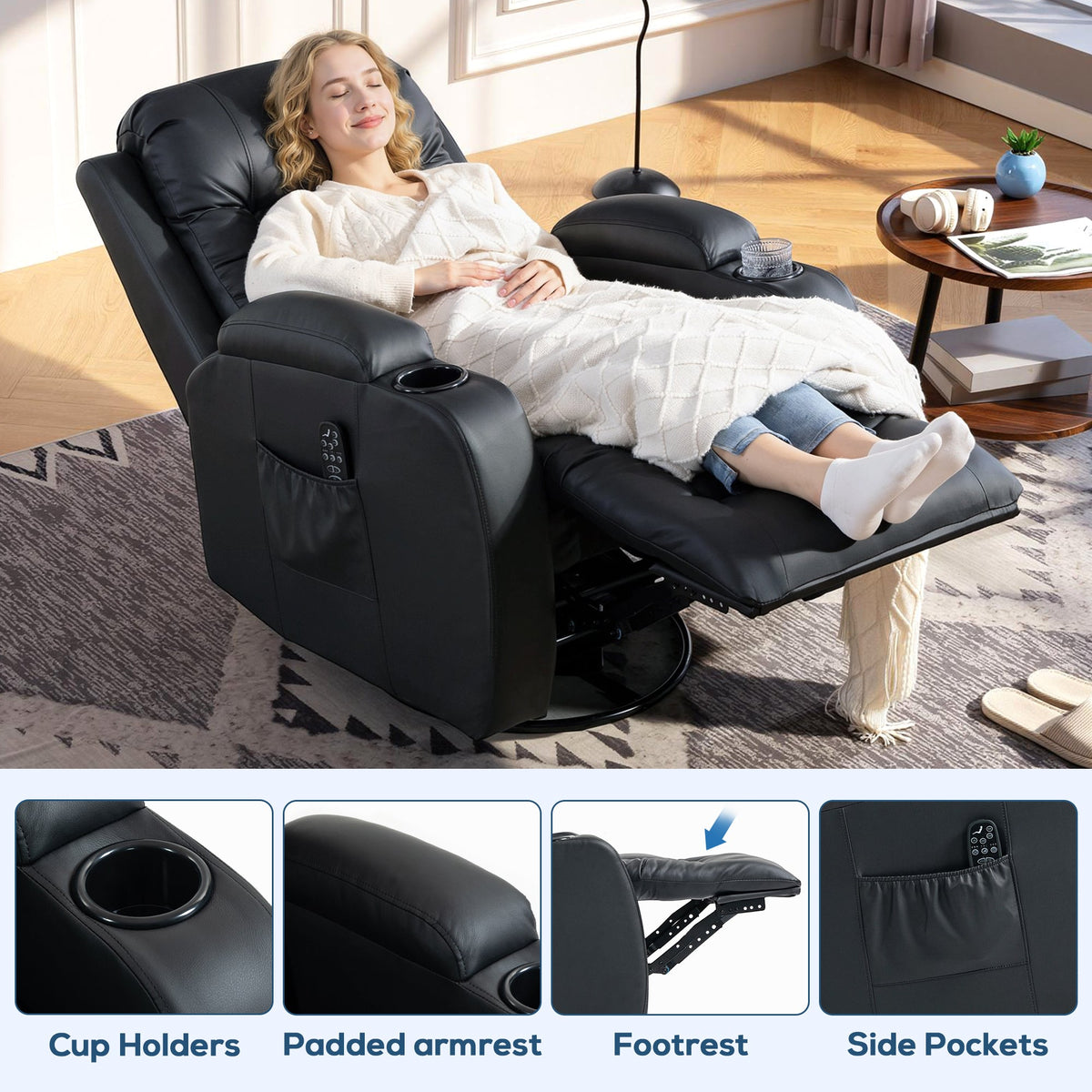 Recliner Armchair with Massage & Heat, PU Leather Recliner Chair with Extended Footrest, Cup Holders and Side Pockets, Swivel Rocking Manual Reclining Chair for Living Room, Black