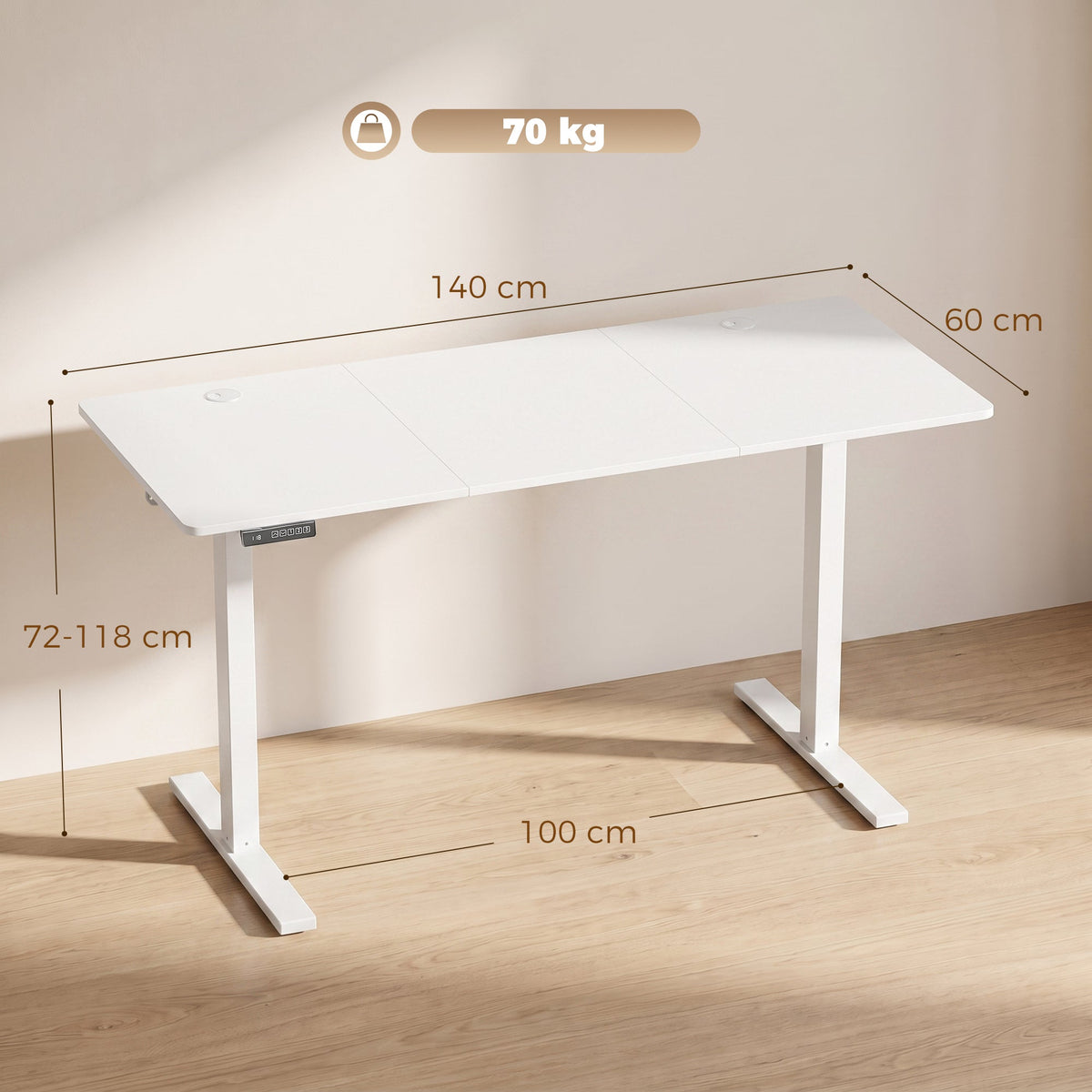 Electric Standing Desk Height Adjustable 140 x 60cm, Sit Stand Desk with 3 Memory Presets, Quiet Home Office Computer Desk with LED Display, Cable Holes & Hooks for Bedroom, Home Office, White