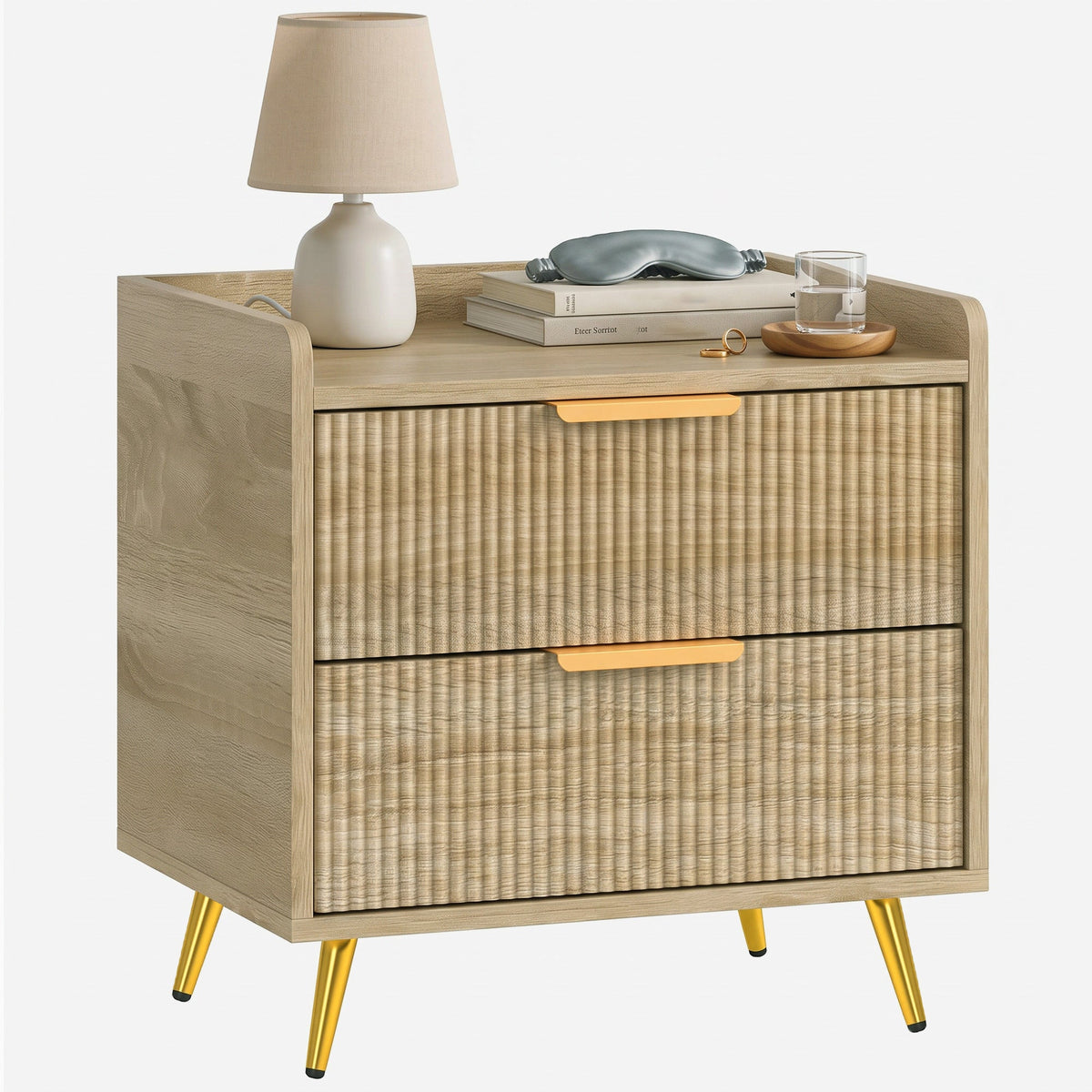 Bedside Table, Bedside Cabinet with 2 Drawers, Side End Table with Metal Legs for Bedroom Living Room, Natural Wood Finish