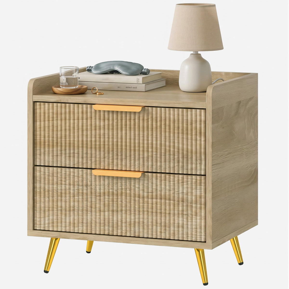 Bedside Table, Bedside Cabinet with 2 Drawers, Side End Table with Metal Legs for Bedroom Living Room, Natural Wood Finish