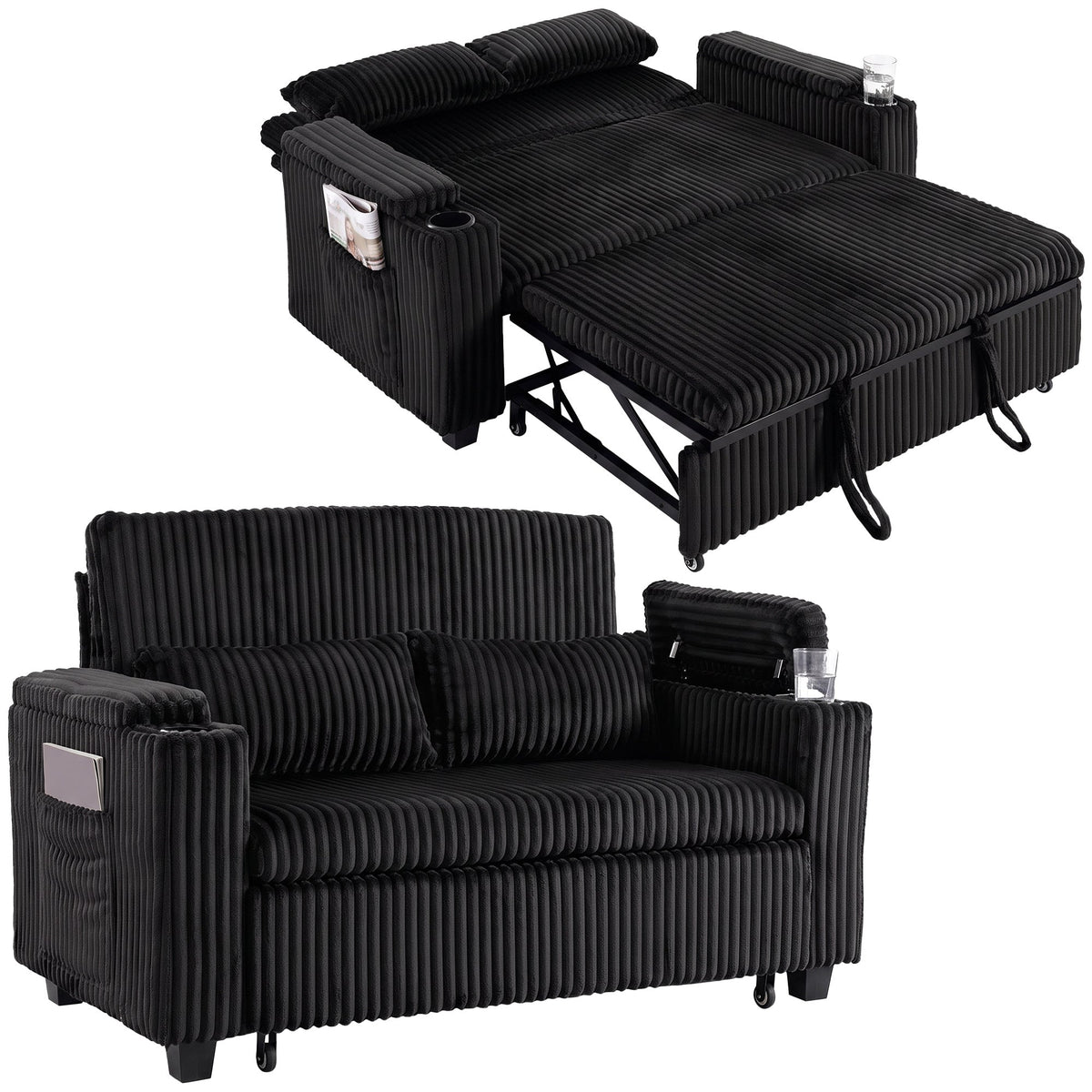 2 Seater Sofa Bed, 3-in-1 Convertible Pull Out Sleeper Sofa, Corduroy Loveseat Bed Settee with Adjustable Backrest, Storage Armrests, Cup Holders, Side Pockets for Living Room, Black