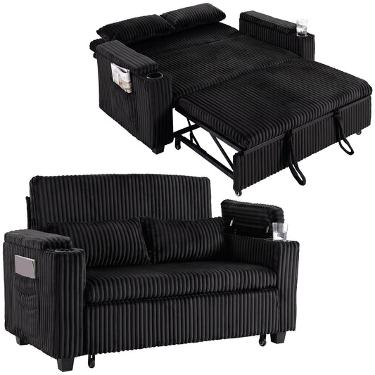 2 Seater Sofa Bed, 3-in-1 Convertible Pull Out Sleeper Sofa, Corduroy Loveseat Bed Settee with Adjustable Backrest, Storage Armrests, Cup Holders, Side Pockets for Living Room, Black