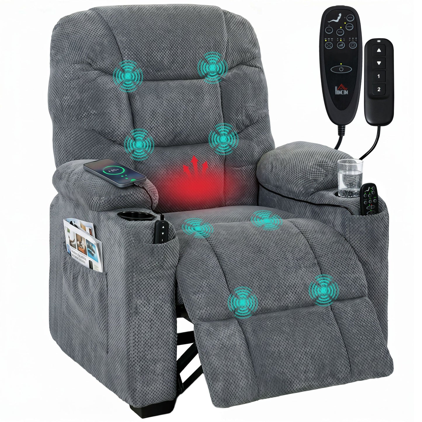 Recliner Armchair with Vibration Massage, Heat, Whisper-Quiet Motor, Memory Function, Fleece Power Reclining Chair with Spring Pack, USB Port, Footrest, Side Pockets, Cup Holders, Dark Grey