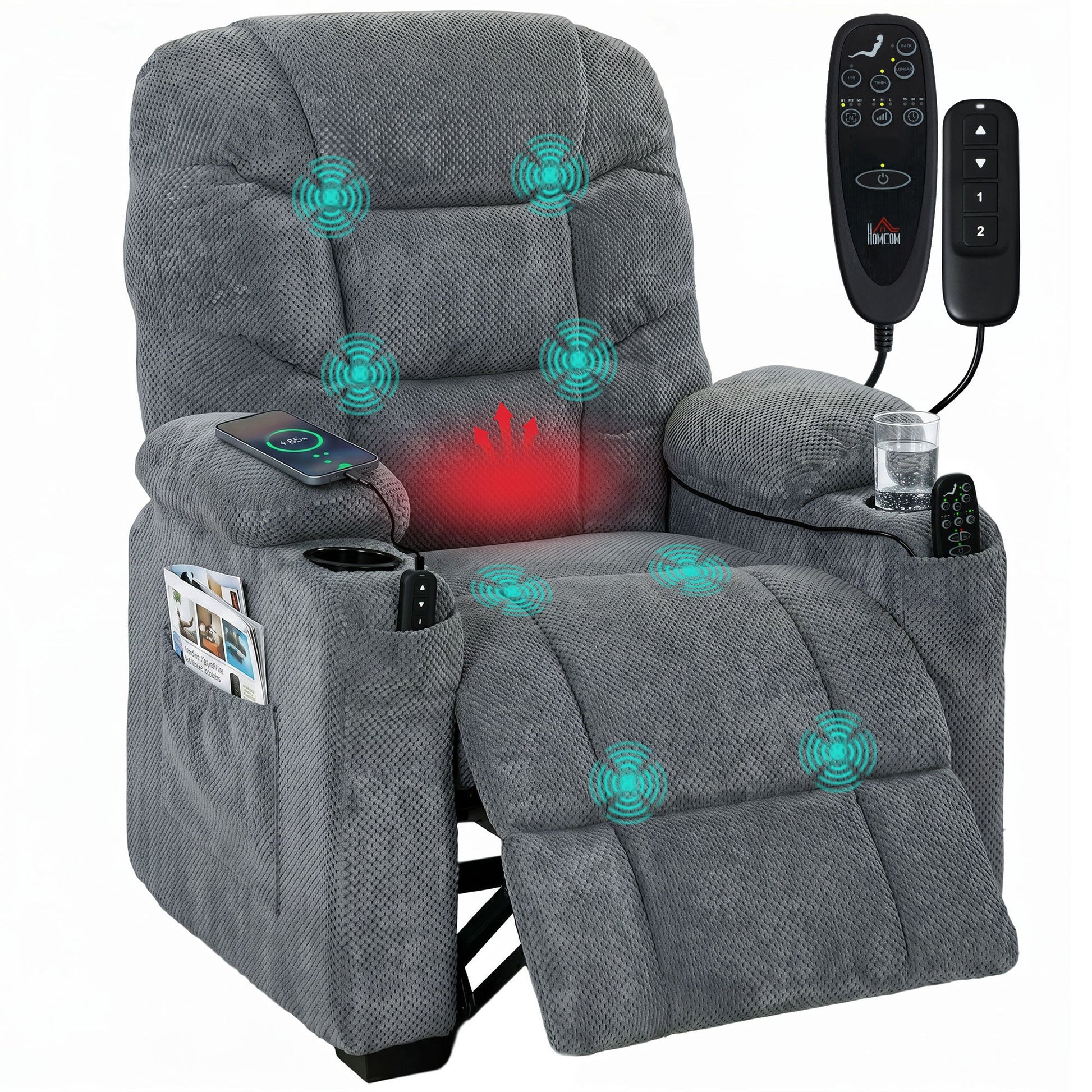 Recliner Armchair with Vibration Massage, Heat, Whisper-Quiet Motor, Memory Function, Fleece Power Reclining Chair with Spring Pack, USB Port, Footrest, Side Pockets, Cup Holders, Dark Grey