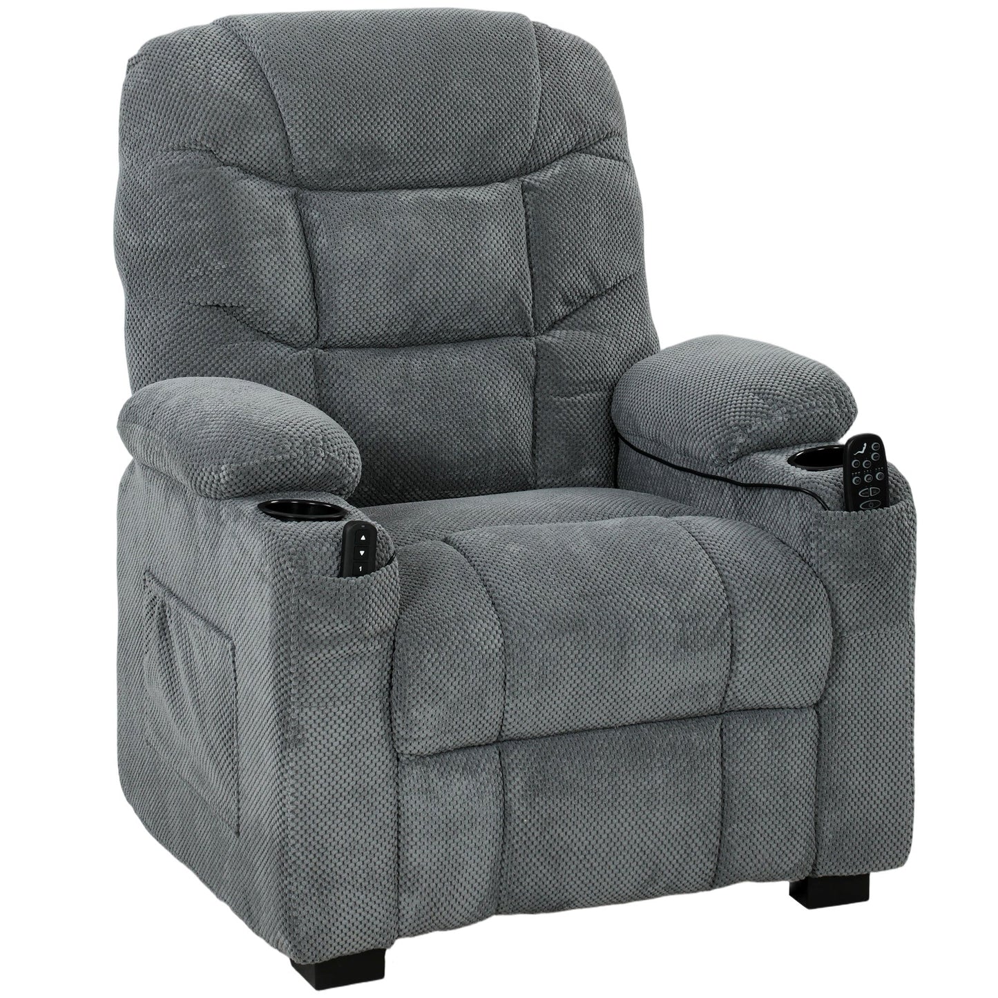 Recliner Armchair with Vibration Massage, Heat, Whisper-Quiet Motor, Memory Function, Fleece Power Reclining Chair with Spring Pack, USB Port, Footrest, Side Pockets, Cup Holders, Dark Grey