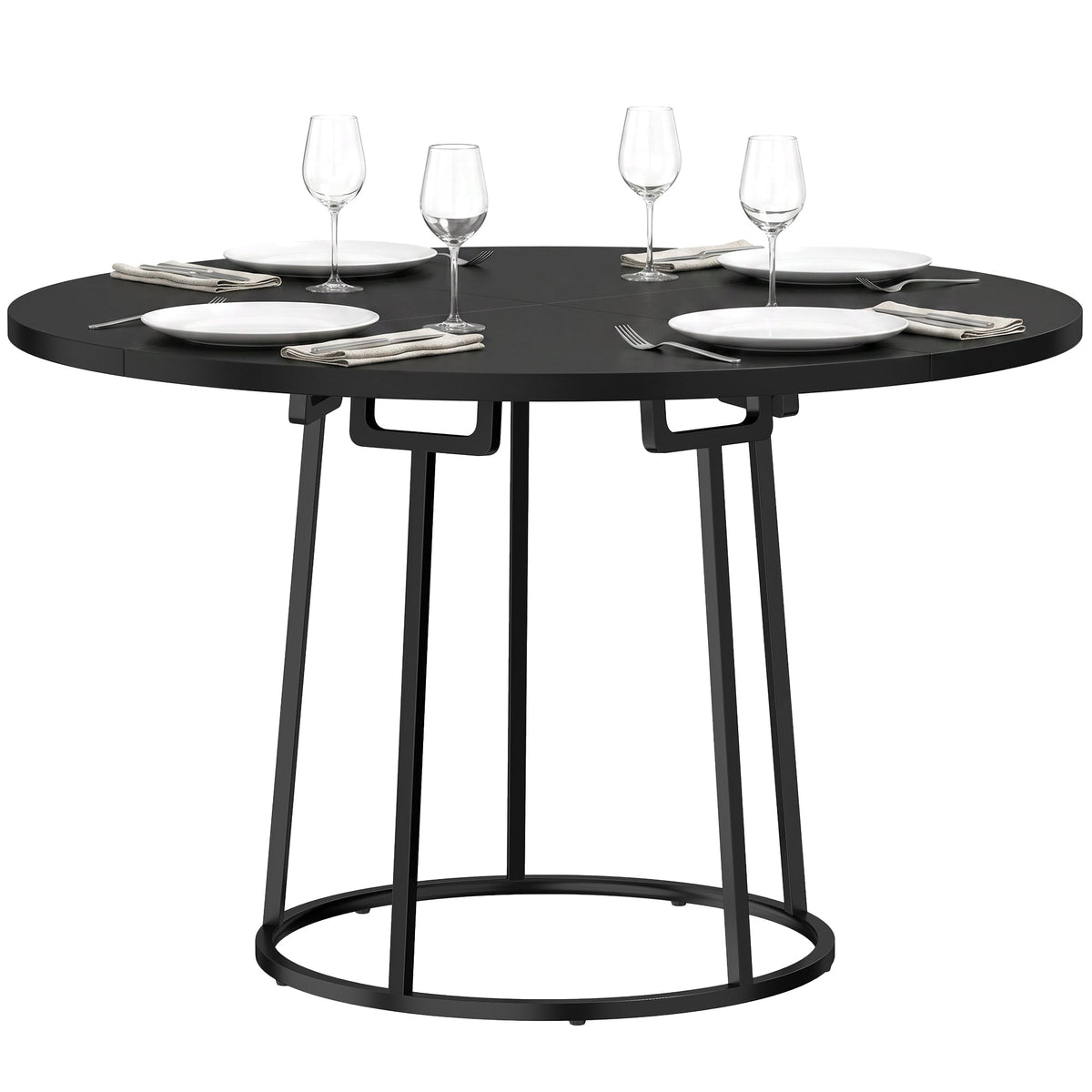 Modern Industrial Dining Table for 4-6 People, 120 cm Round Kitchen Table with Spliced Top and Conical Metal Base for Dining Room, Kitchen, Living Room, Black