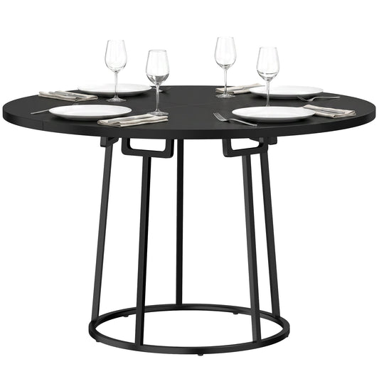 Modern Industrial Dining Table for 4-6 People, 120 cm Round Kitchen Table with Spliced Top and Conical Metal Base for Dining Room, Kitchen, Living Room, Black
