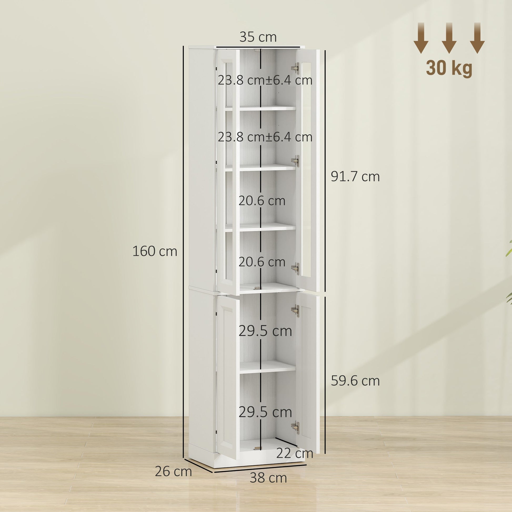 Tall Bathroom Storage Cabinet, 6-Tier Slim Freestanding Bathroom Cabinet with Adjustable Shelf, 4 Soft-Close Doors, Storage Unit for Small Space, 38 x 26 x 160 cm, White