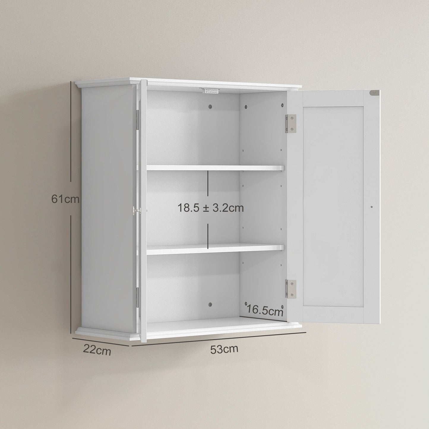 Bathroom Wall Cabinet, 3-Tier Wall-Mounted Bathroom Storage Cabinet with Adjustable Shelf, 2 Doors, Space Saver Medicine Cupboard, 53 x 22 x 61 cm, White