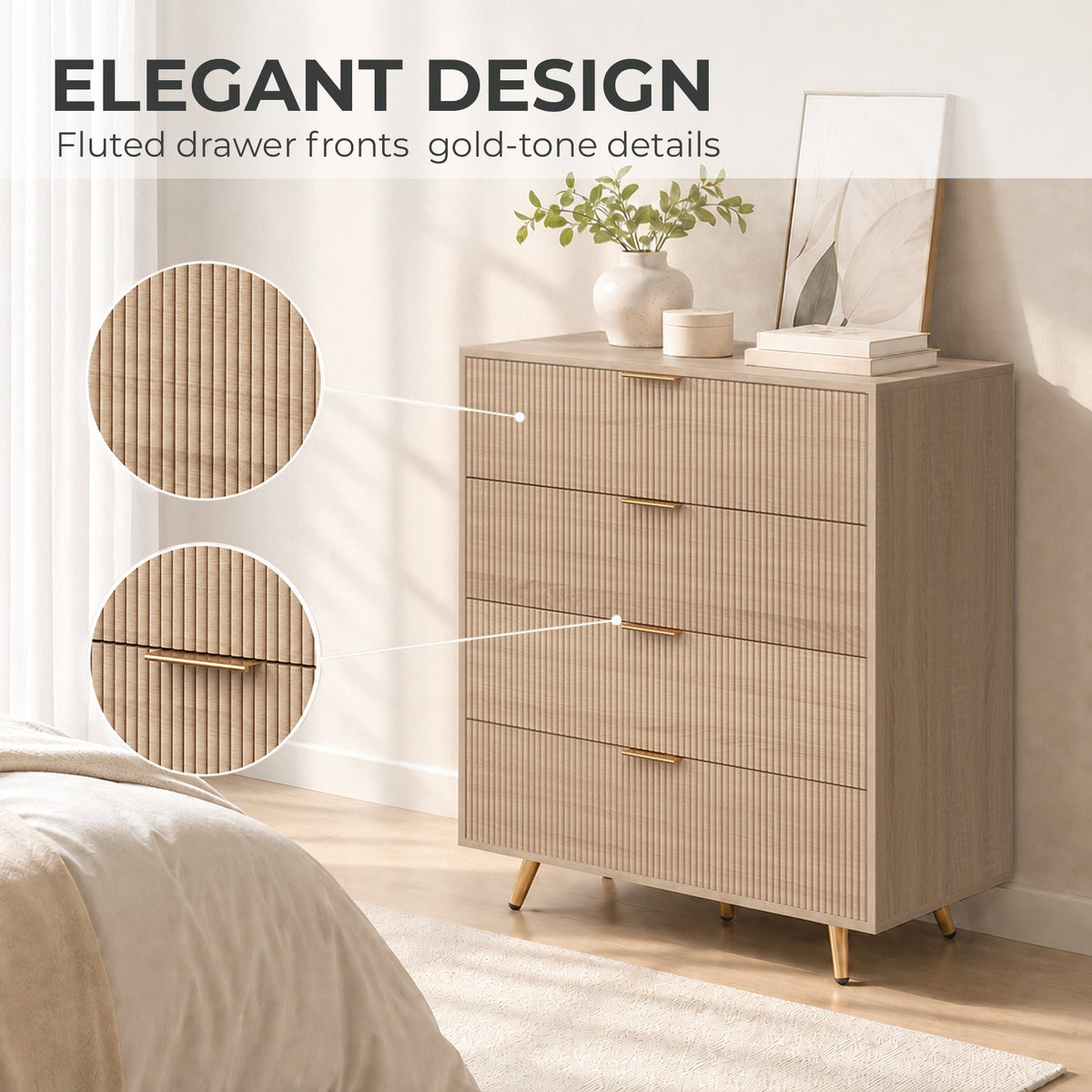 Bedroom Chest of Drawers with 4 Drawers, Fluted Dresser with Gold-Tone Handles, Storage Cabinet for Bedroom, Living Room, Hallway, Entryway, Natural