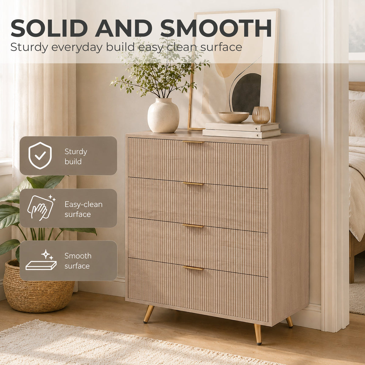 Bedroom Chest of Drawers with 4 Drawers, Fluted Dresser with Gold-Tone Handles, Storage Cabinet for Bedroom, Living Room, Hallway, Entryway, Natural