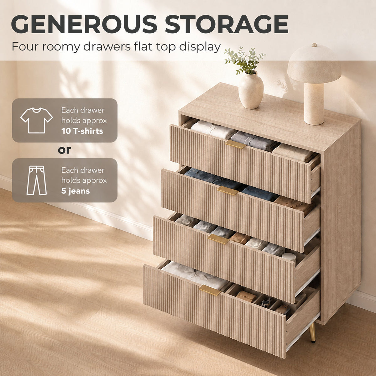 Bedroom Chest of Drawers with 4 Drawers, Fluted Dresser with Gold-Tone Handles, Storage Cabinet for Bedroom, Living Room, Hallway, Entryway, Natural