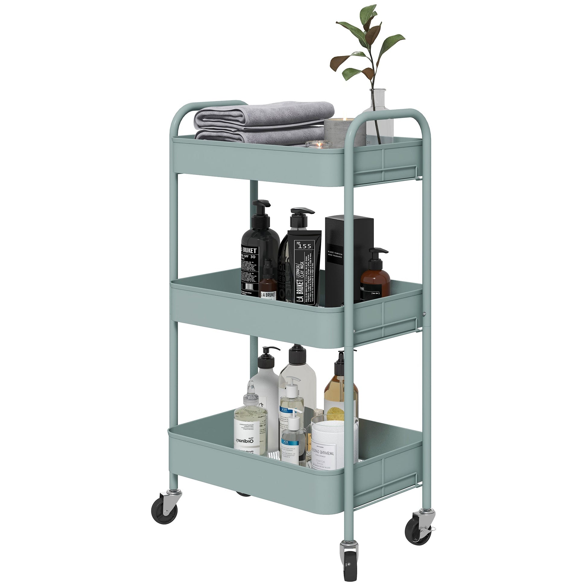 HOMCOM 3-tier Storage Trolley on Wheels, Metal Storage Cart, Rolling Ultility Cart with 3 Mesh Baskets for Living Room, Kitchen, Light Blue