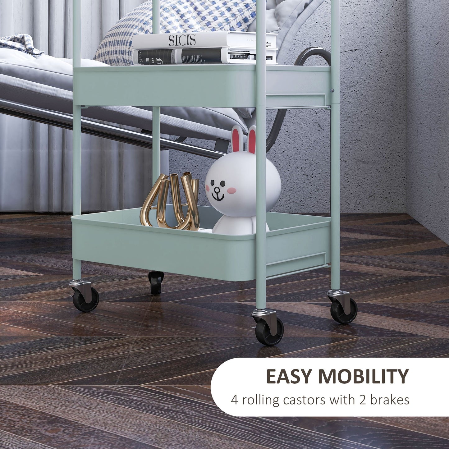 HOMCOM 3-tier Storage Trolley on Wheels, Metal Storage Cart, Rolling Ultility Cart with 3 Mesh Baskets for Living Room, Kitchen, Light Blue