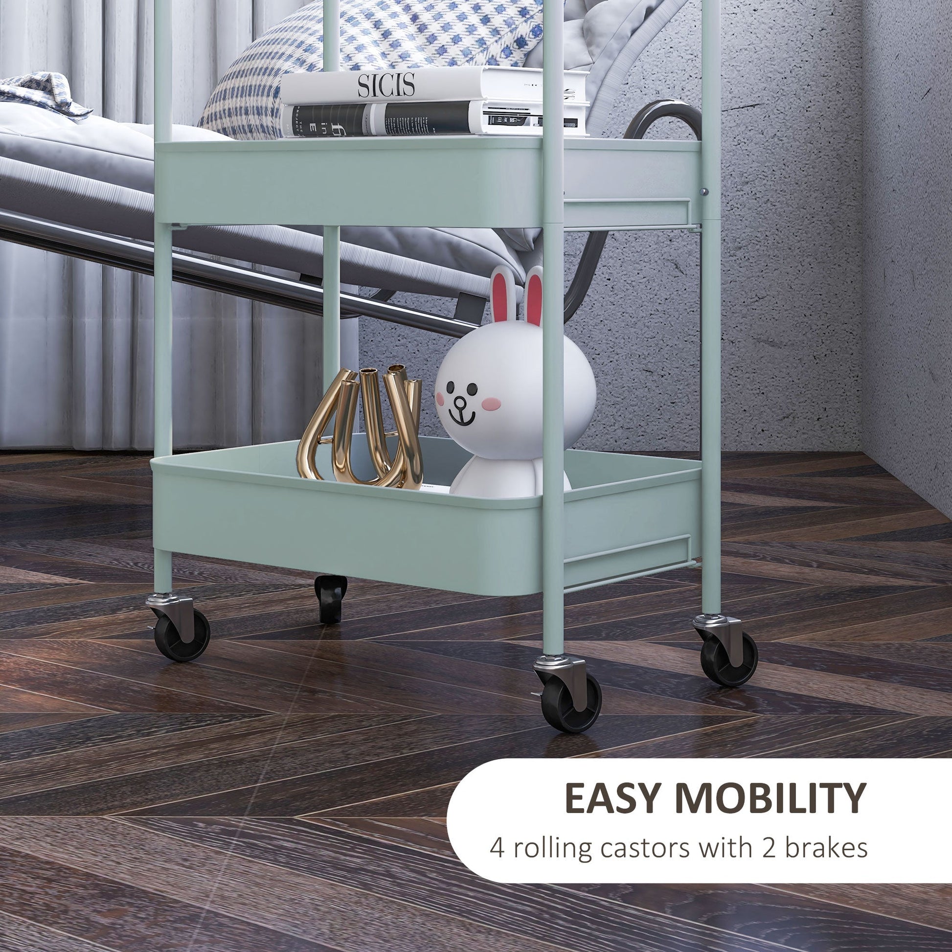 HOMCOM 3-tier Storage Trolley on Wheels, Metal Storage Cart, Rolling Ultility Cart with 3 Mesh Baskets for Living Room, Kitchen, Light Blue