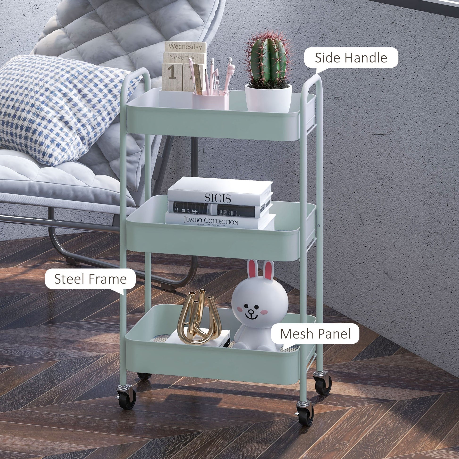 HOMCOM 3-tier Storage Trolley on Wheels, Metal Storage Cart, Rolling Ultility Cart with 3 Mesh Baskets for Living Room, Kitchen, Light Blue