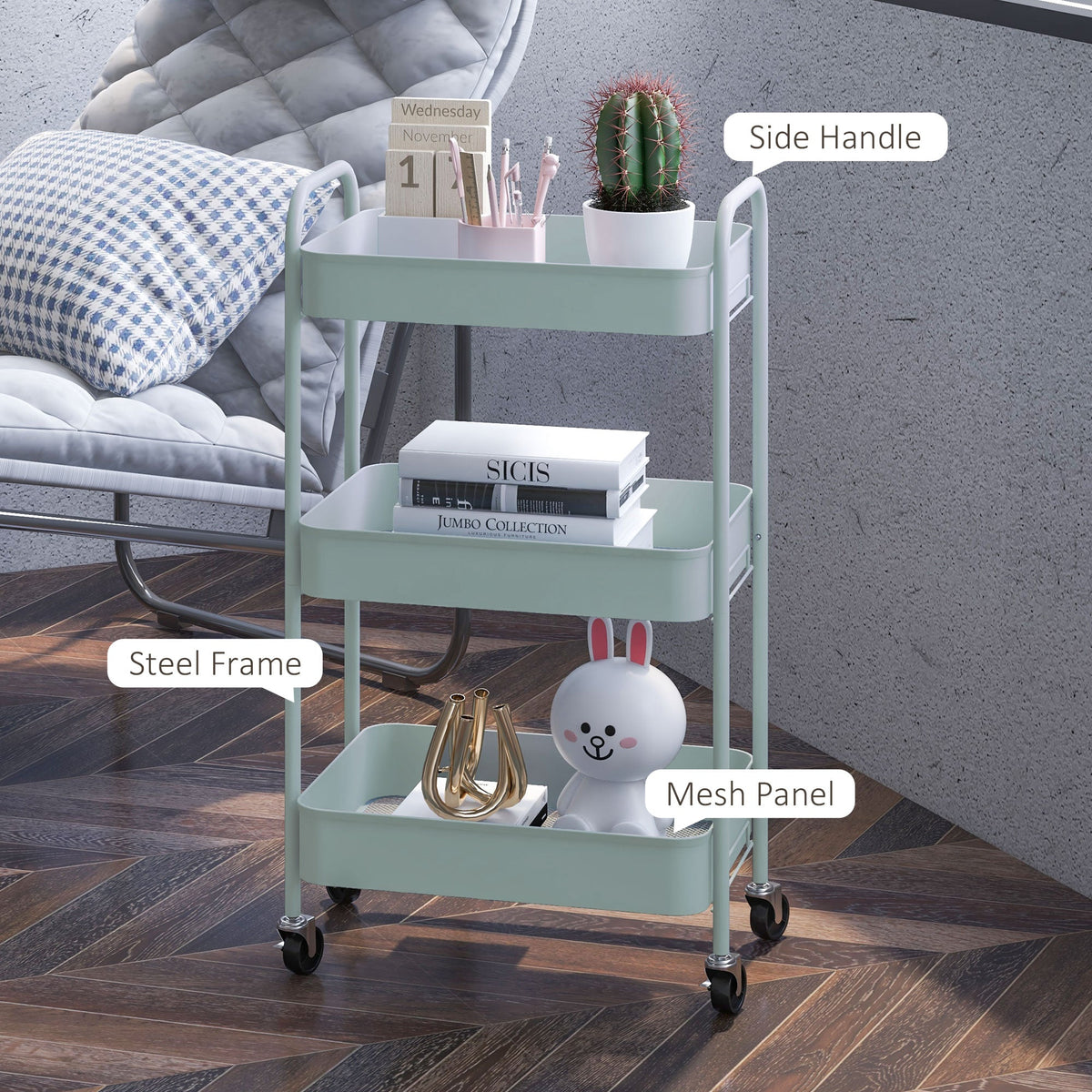 HOMCOM 3-tier Storage Trolley on Wheels, Metal Storage Cart, Rolling Ultility Cart with 3 Mesh Baskets for Living Room, Kitchen, Light Blue