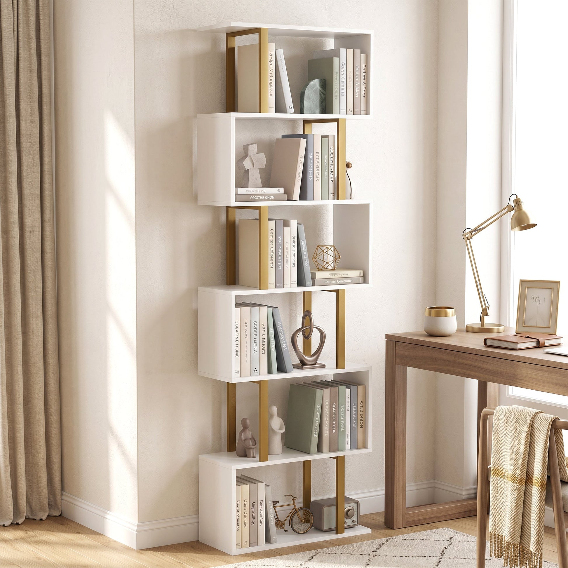 S-Shaped Bookshelf, 6-Tier Bookcase, Freestanding Storage Shelves with Anti-Tip Strap for Study, Living Room, White