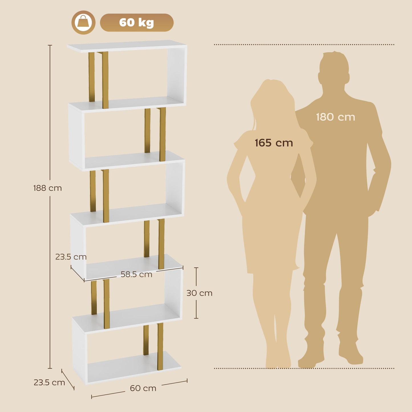 S-Shaped Bookshelf, 6-Tier Bookcase, Freestanding Storage Shelves with Anti-Tip Strap for Study, Living Room, White