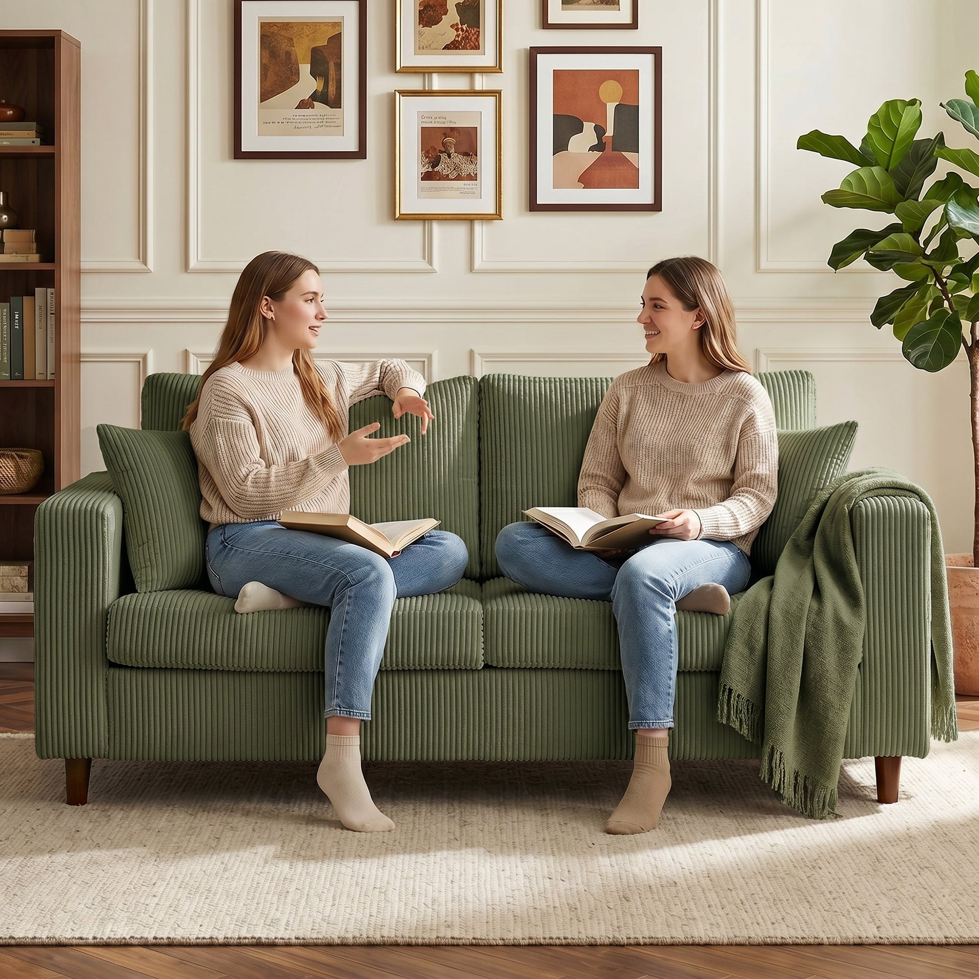 2 Seater Sofa, 170 cm Comfy Corduroy Couch with Wide Deep Seat, Wide Armrests, Spring Cushion, Thick Padded, Solid Wood Legs, Loveseat Sofa for Living Room, Green