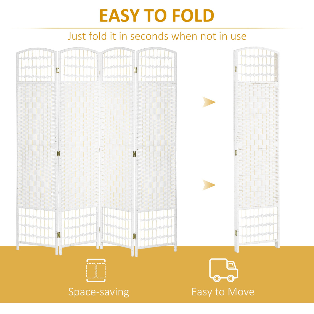 HOMCOM 4 Panel Folding Room Divider, Privacy Screen, Freestanding Paravent Partition Separator for Living Room, Bedroom and Office, 160 x 170cm, White