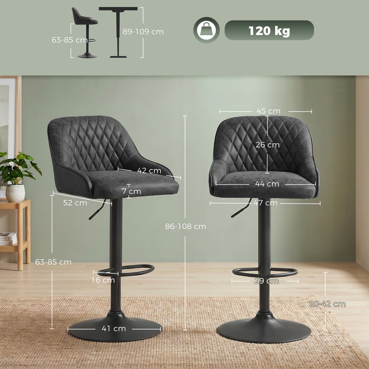Breakfast Bar Stools Set of 2 with Wide Padded Seat, PU Leather Adjustable Swivel Bar Chairs, Modern Barstools with Footrest for Kitchen Island Counter, Home Bar, Black
