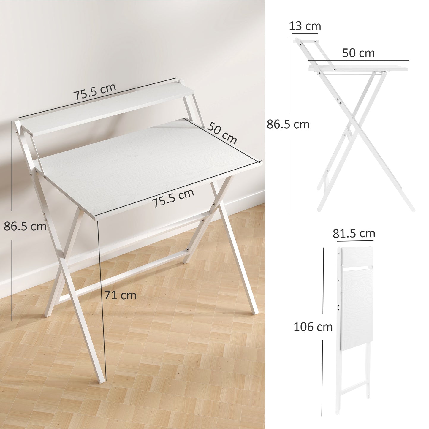 Folding Desk with Monitor Shelf, 81.5 cm Foldable Computer Desk for Small Spaces, Space Saving Writing Table Workstation for Home Office, Study, Easy Assembly, White