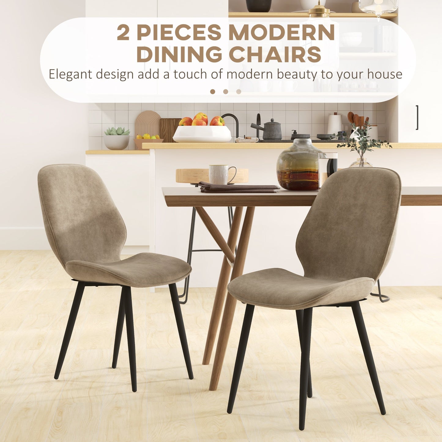 HOMCOM Dining Chairs Set of 2, Velvet Fabric Upholstered Kitchen Chairs with Solid Metal Legs for Dining Room, Living Room, Lounge, Light Brown