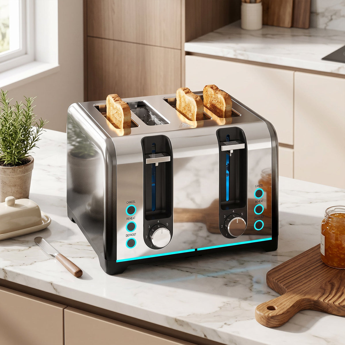 4 Slice Toaster with 7 Browning Levels, Reheat, Defrost and Cancel Functions, Self-Centring Slots, Auto Shut-Off, Removable Crumb Tray, 1860W, Black