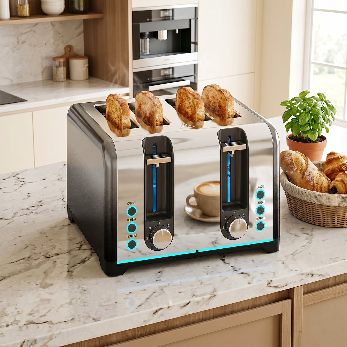 4 Slice Toaster with 7 Browning Levels, Reheat, Defrost and Cancel Functions, Self-Centring Slots, Auto Shut-Off, Removable Crumb Tray, 1860W, Black