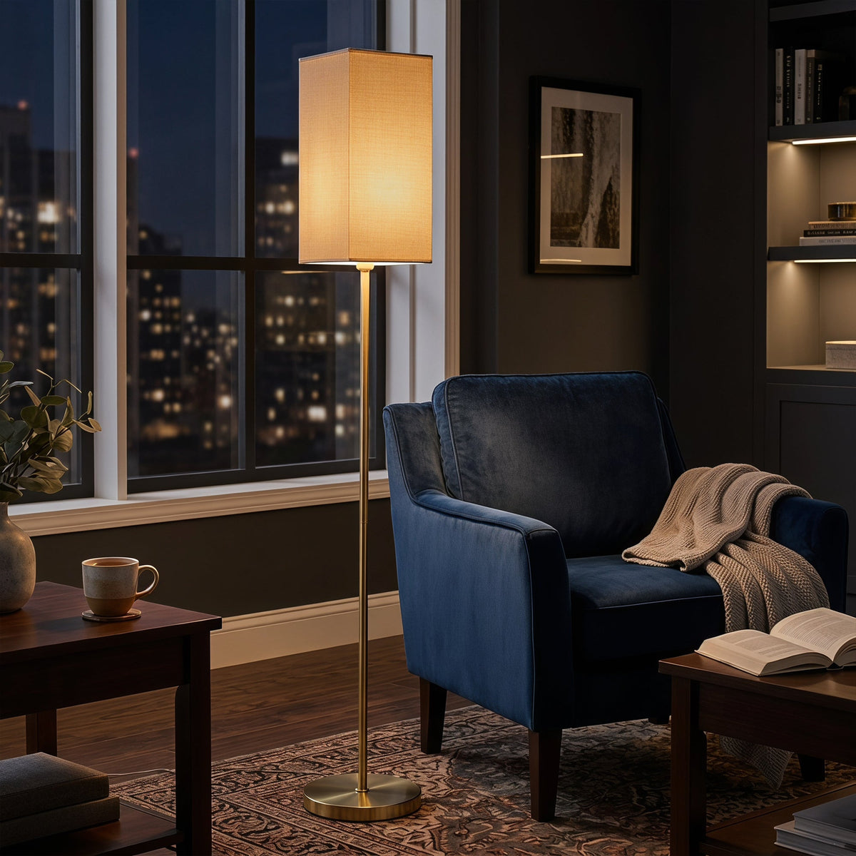 Floor Lamp, Modern Standing Lamp with Linen Shade and Foot Switch, Tall Lamps for Living Room and Bedroom, Bulb not Included, Gold Tone