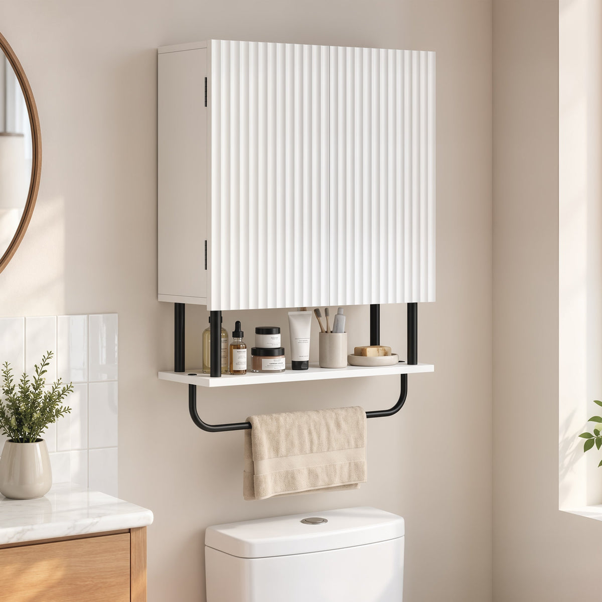 Bathroom Wall Cabinet with 2 Wavy Doors, Modern Bathroom Cabinet Wall Mounted Over Toilet with Hidden Storage and Open shelf, Towel Bar, Space Saving, White