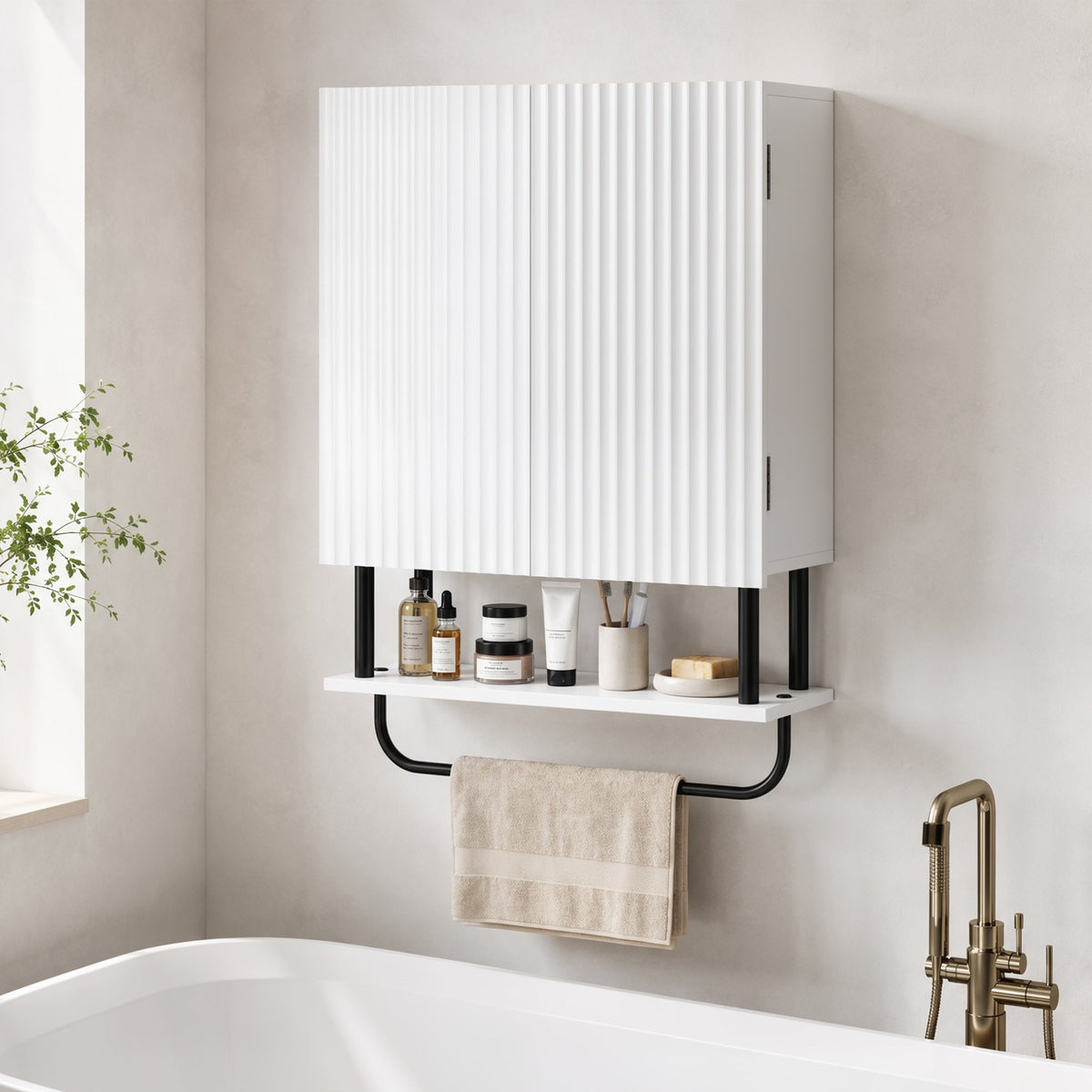 Bathroom Wall Cabinet with 2 Wavy Doors, Modern Bathroom Cabinet Wall Mounted Over Toilet with Hidden Storage and Open shelf, Towel Bar, Space Saving, White