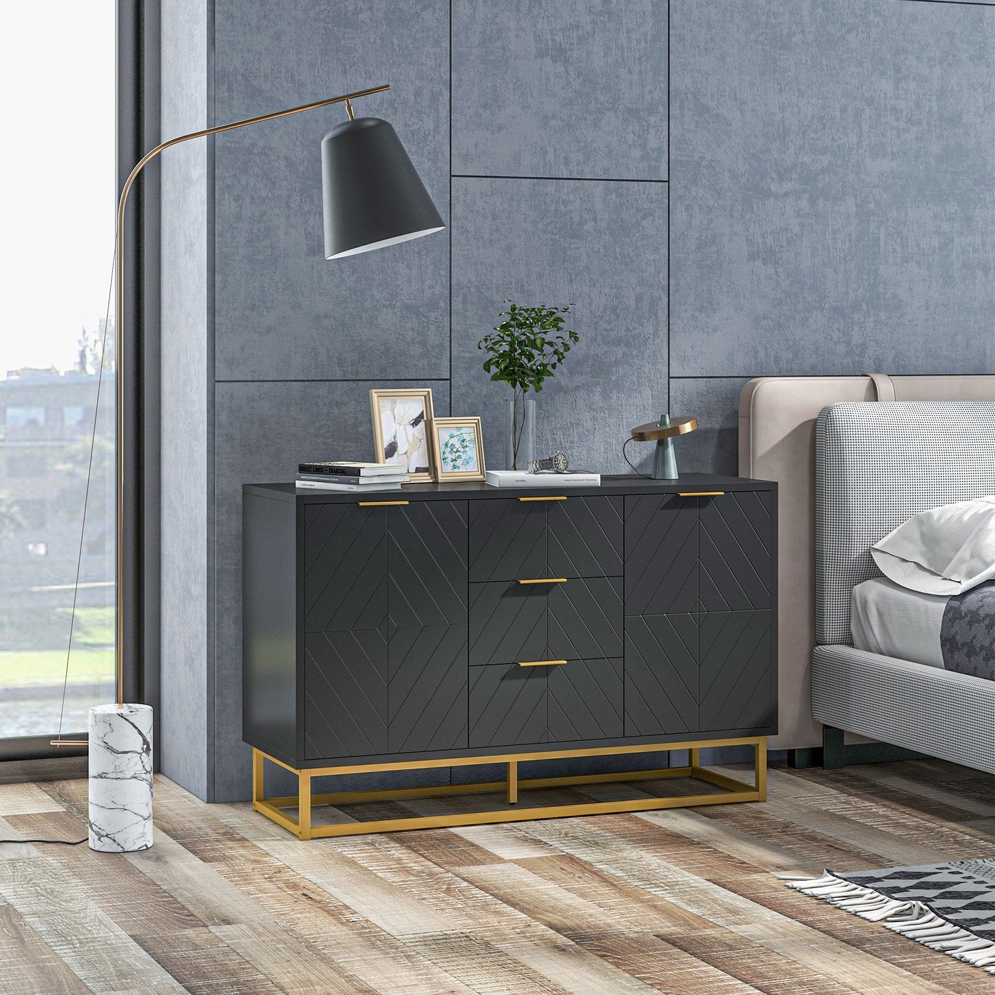 Sideboard for Living Room, Modern Storage Cabinet with 3 Drawers and Adjustable Shelves, Freestanding Cupboard for Dining Room, Kitchen, Black